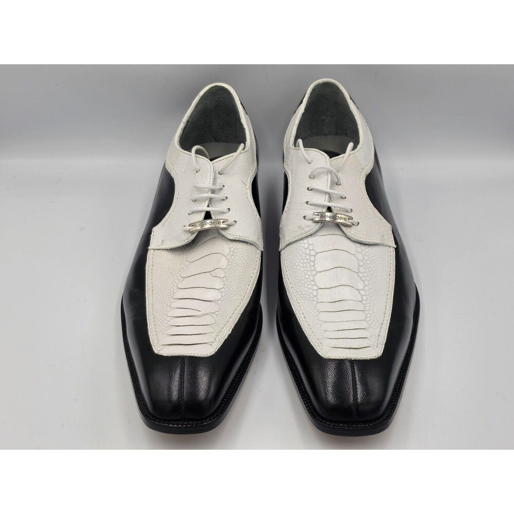 New Belvedere Siena Mens 2-Tone Black White Genuine Ostrich Leg Dress Shoes 11.5